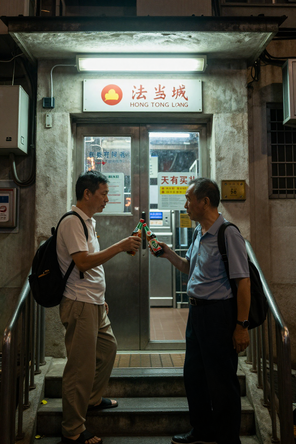 師傅同業主喺門口遞涼茶