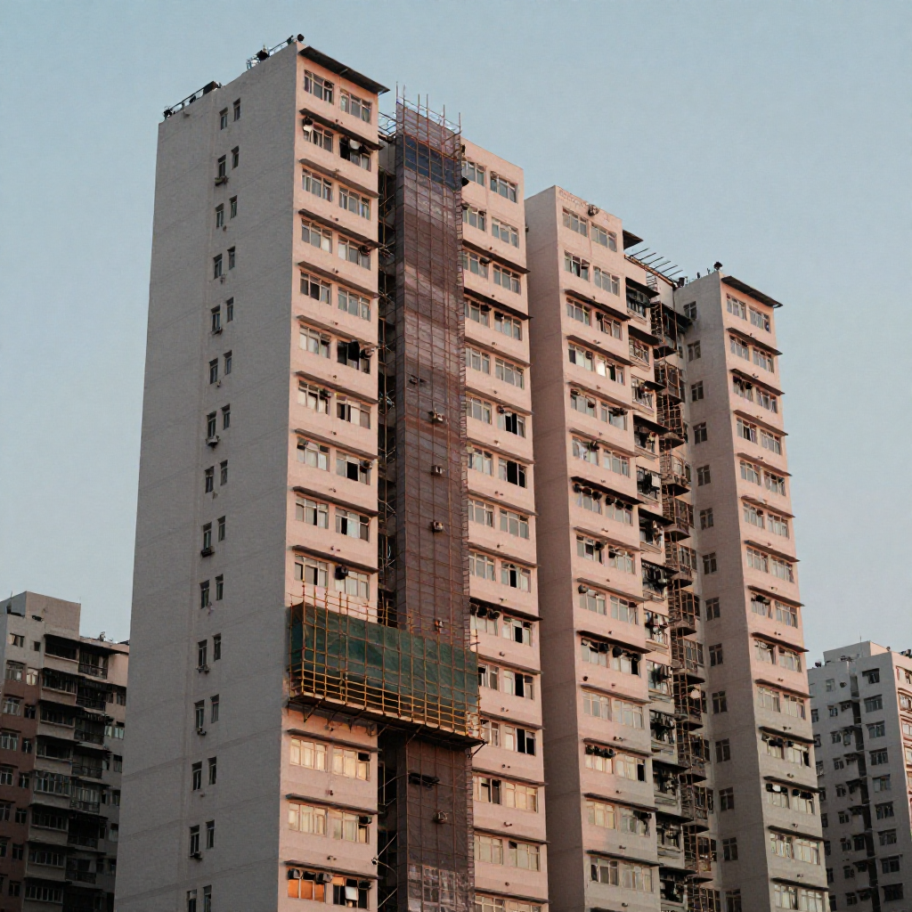 大埔舊樓晨早街景 44年樓齡大廈外牆吊船