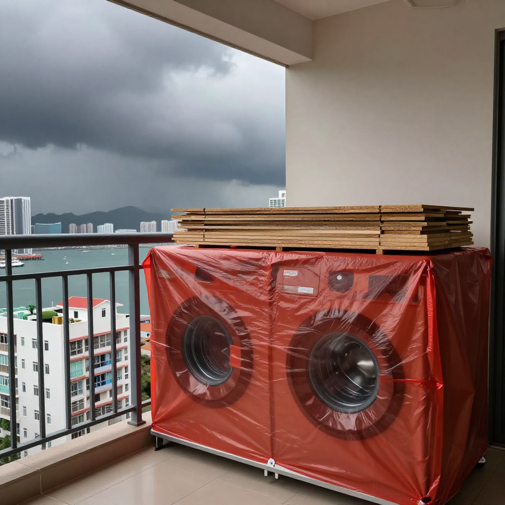 打風前露台洗衣機櫃冚紅尼龍布防雨