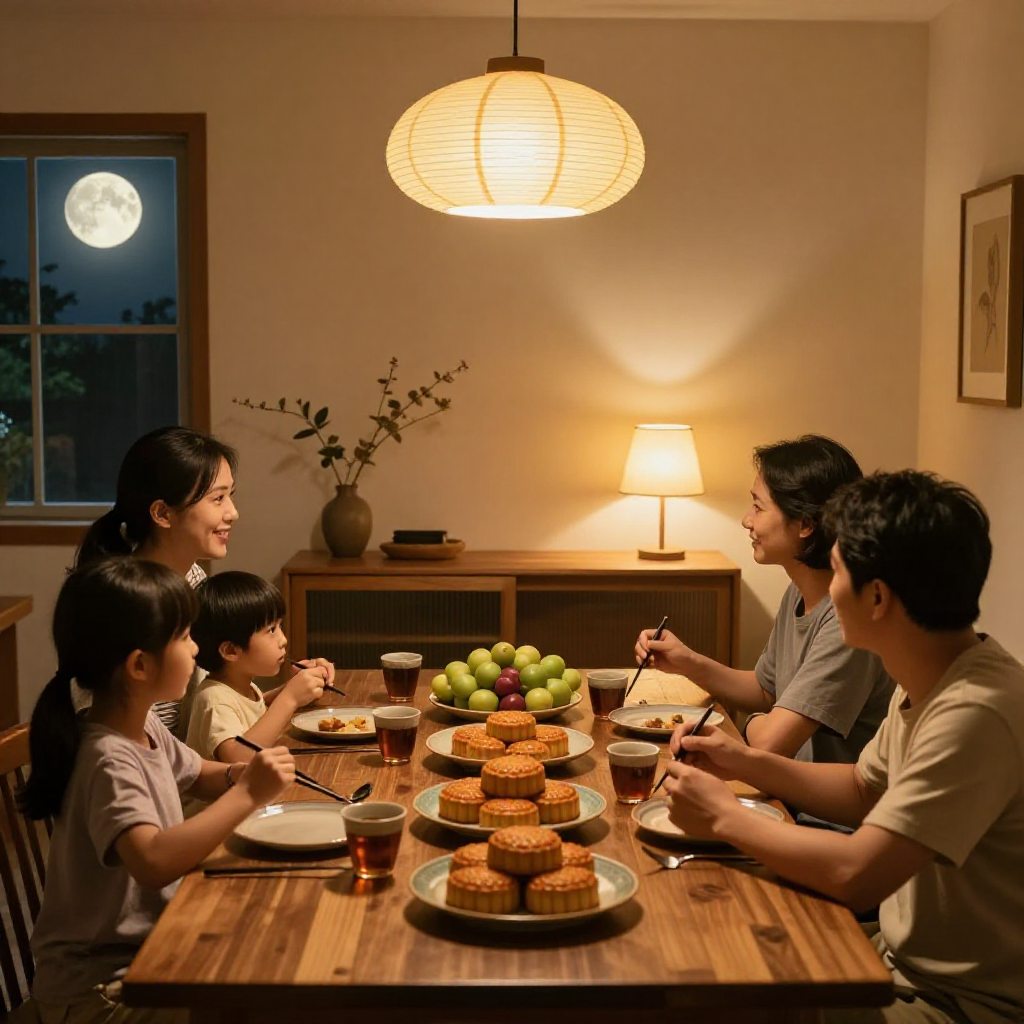 中秋夜一家人新餐邊櫃前團圓飯月餅