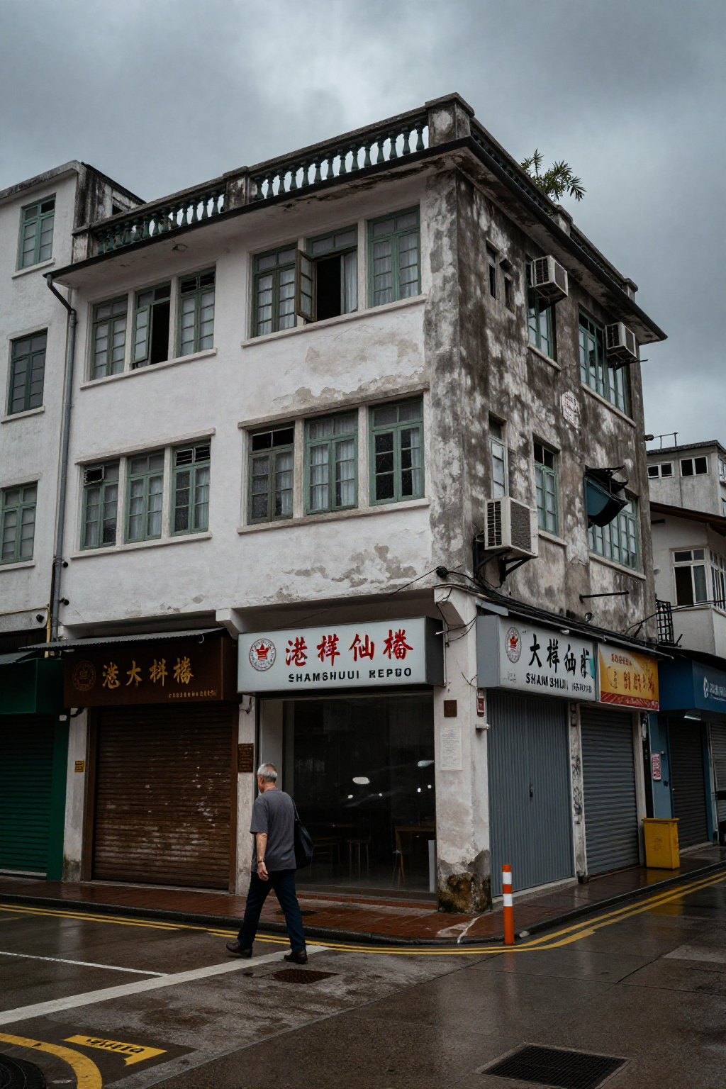 深水埗唐楼窗外街景老人走过