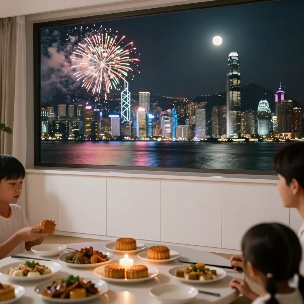 中秋夜维港烟花新柜客厅一家团聚